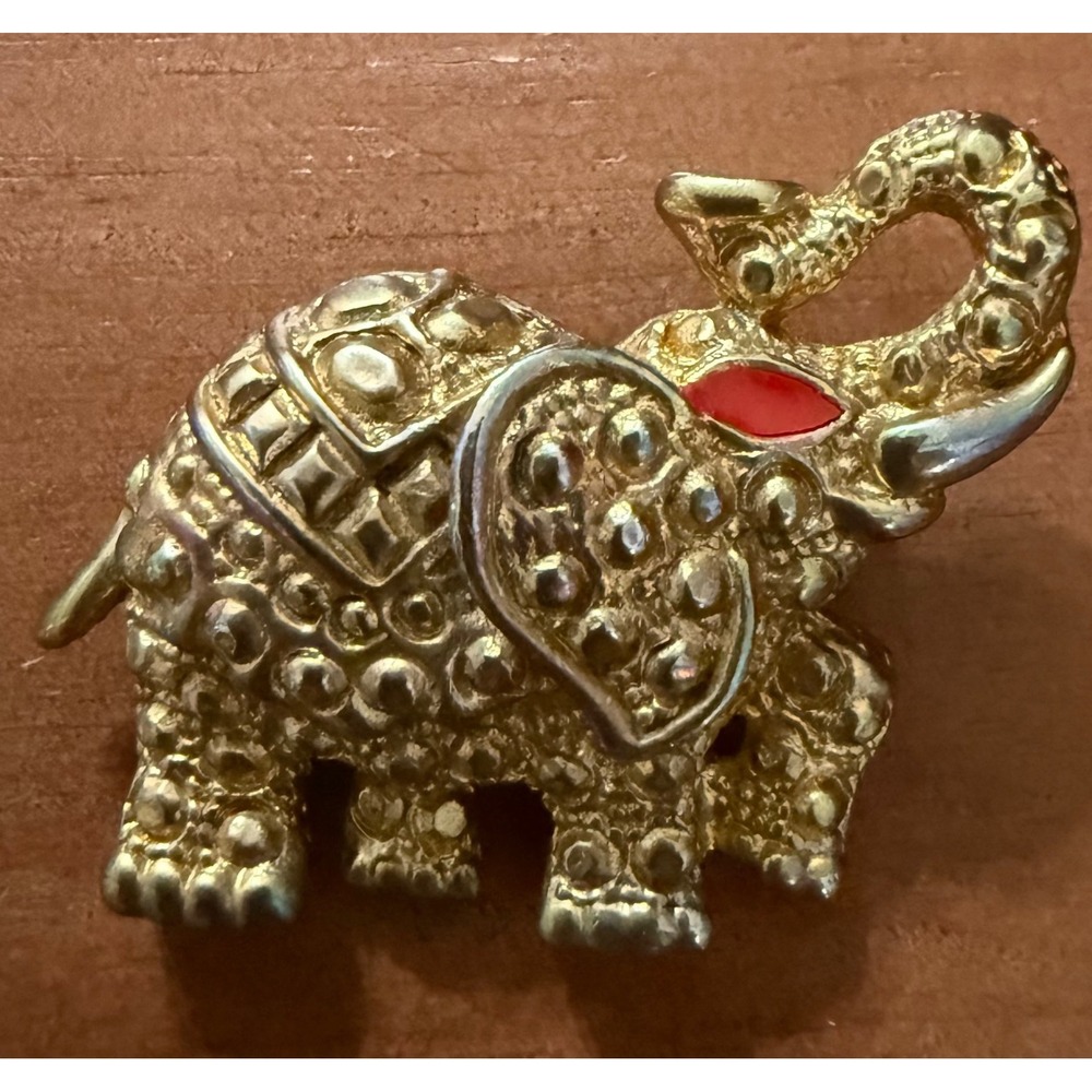 Vintage Gold Tone Elephant Brooch Pin Good Luck Trunk Up Red Eye Textured Body